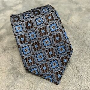 Bachrach Blue & Brown Geometric Patterned Tie Silk 59” Long 3.25” Wide